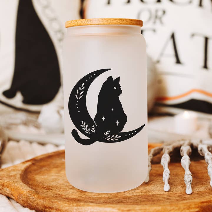 Halloween Moon Black Cat Glass Cup 16oz for wholesale by Breeco