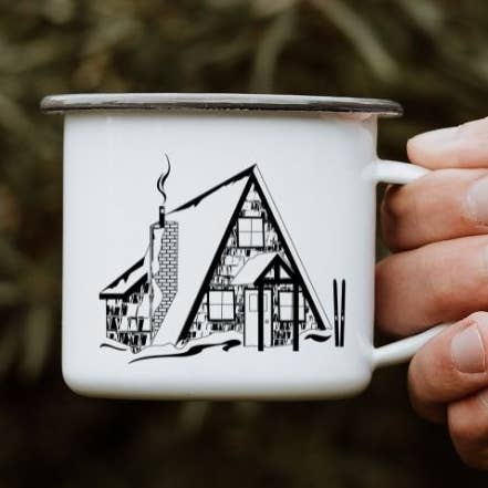 Winter in the A-Frame | Enamel Mug for wholesale by Mila Nathan