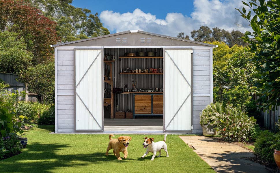 39F Inc. - Wholesale Outdoor Ornament/Decor - 8x10FT Iron-Wood Tool Shed, Gray, Waterproof & Ventilated0