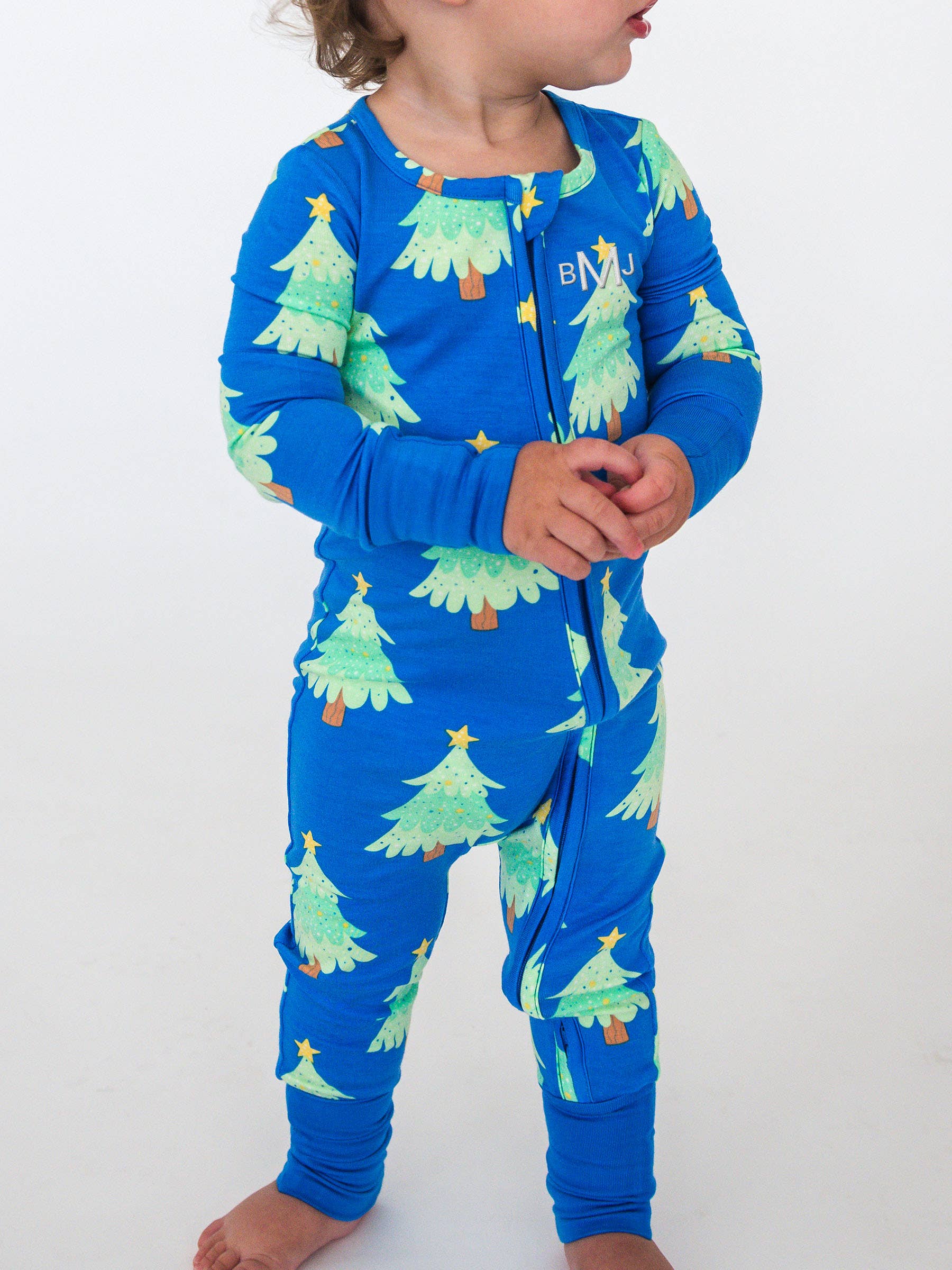 SoftSnooze™ Baby Bamboo Viscose Blue Twinkling Trees Convertible One Piece Footie Pajama for wholesale on Faire3