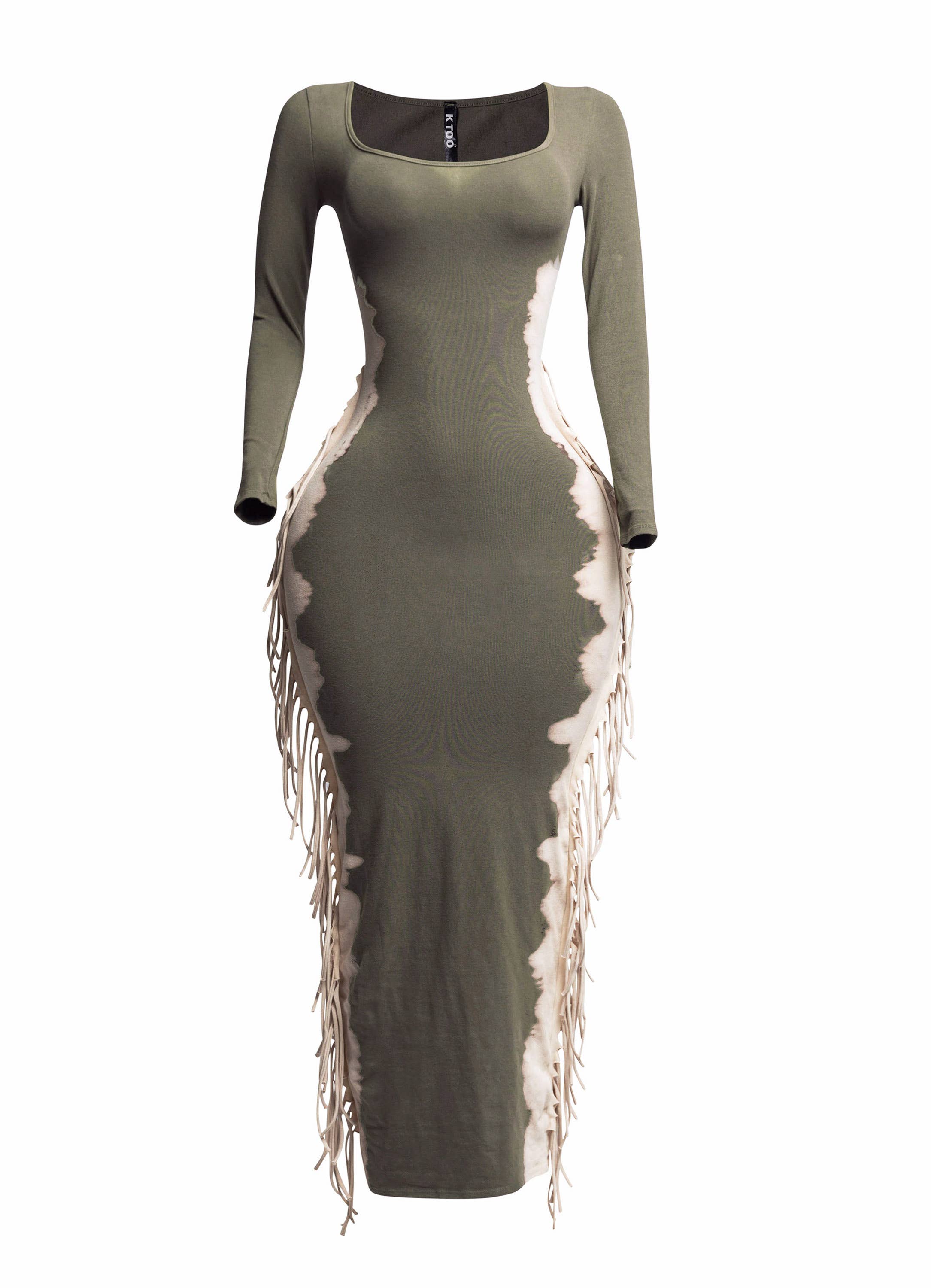 K Too - Wholesale Dress - Women's - Bleached two tone colorway side fringe maxi dress6