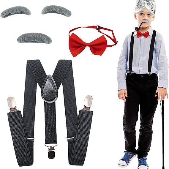 4E's Novelty - Wholesale Costume - Kids - 4E's Novelty Old Man Costume – Suspenders, Mustache, Eyebrows & Bow Tie for Kids