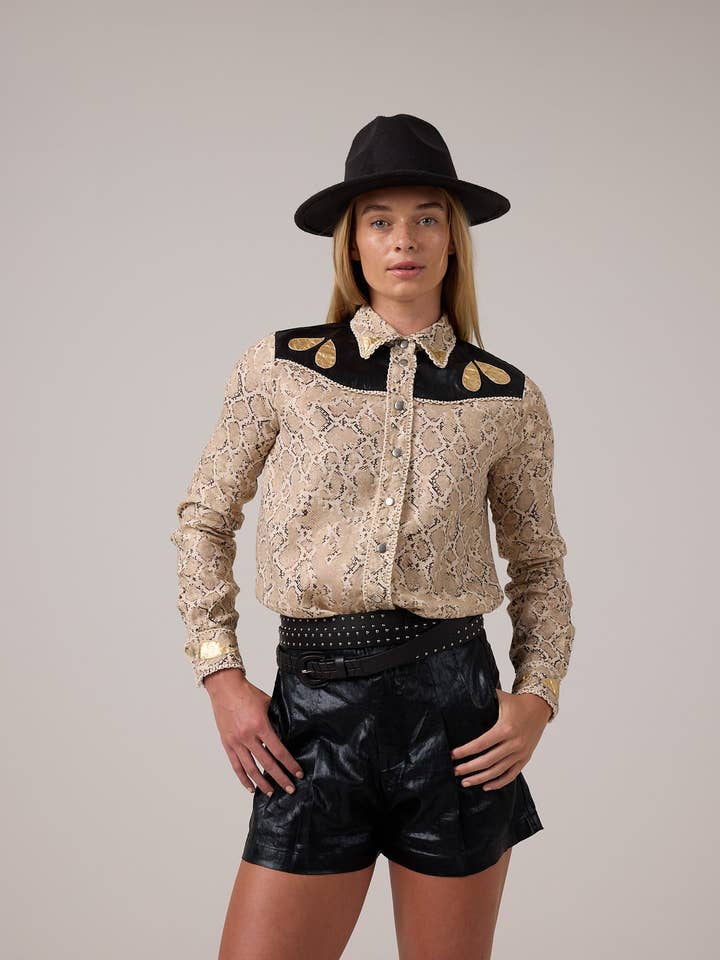 Far West Metallic Linen Shirt - Snake Print with Metallic Black and Gold Appliques for wholesale by Lanhtropy