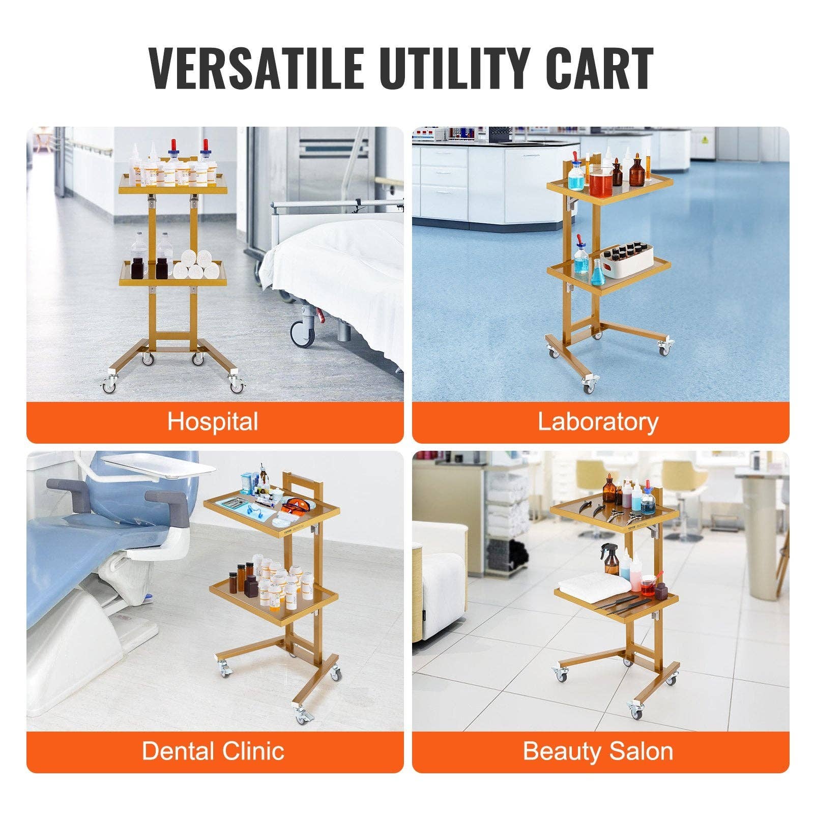 39F Inc. - Wholesale Bar Cart - 2 Tier Rolling Lab Cart with Drawers and Silent Wheels Golde3