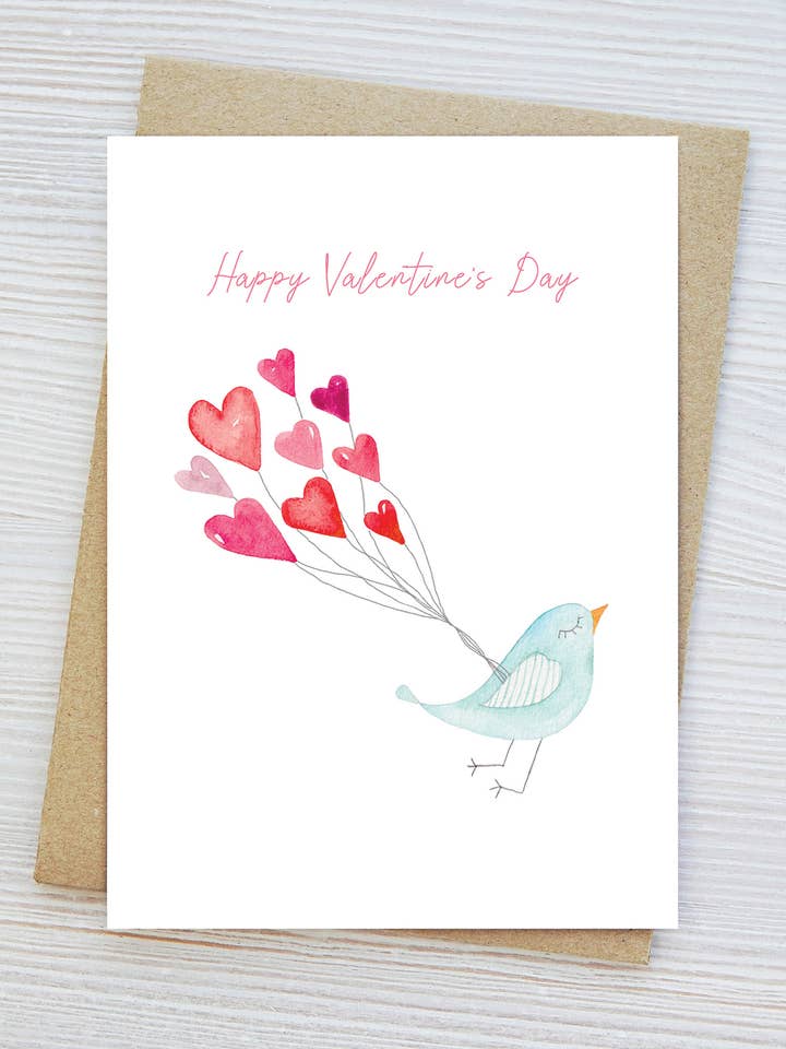 Nyckfullt Alla hjärtans dag-kort, hjärtballonger, fågel, akvarell för wholesale av Jennifer Vaudo Art