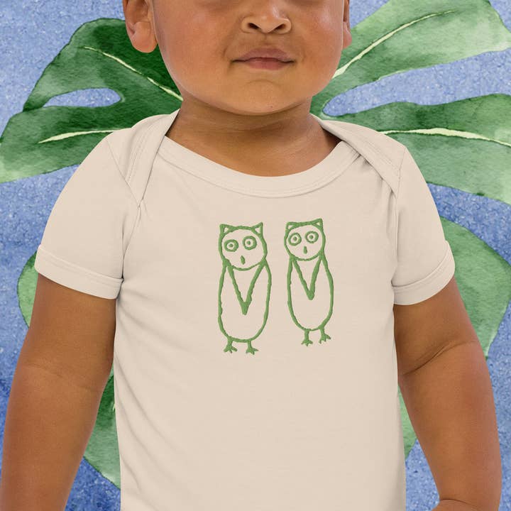 TwOOwls Natural/Green Owl Short Sleeve Romper -100% organic for wholesale by Two Owls