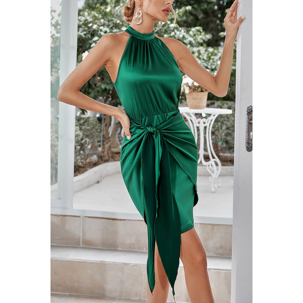 BEIGE Sleeveless Halter Satin Belt Fit Short Dress for wholesale on Faire12