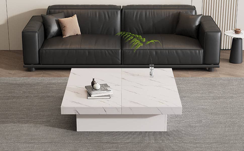 Urban Meuble - Wholesale Side Table - Modern white square coffee table with marble effect, 4 drawers, sliding top 90x90x25cm KHEKRIED60