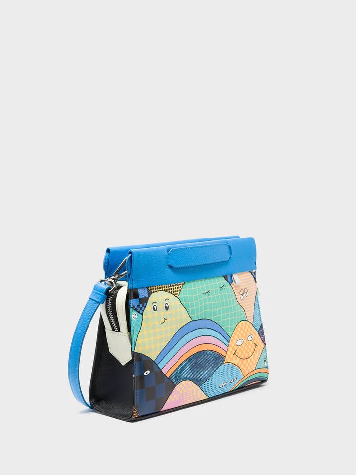 Vali Small Crossbody Ibiza Blue and Black Leather Bag - Happy Mountains Print for wholesale by Min & Mon