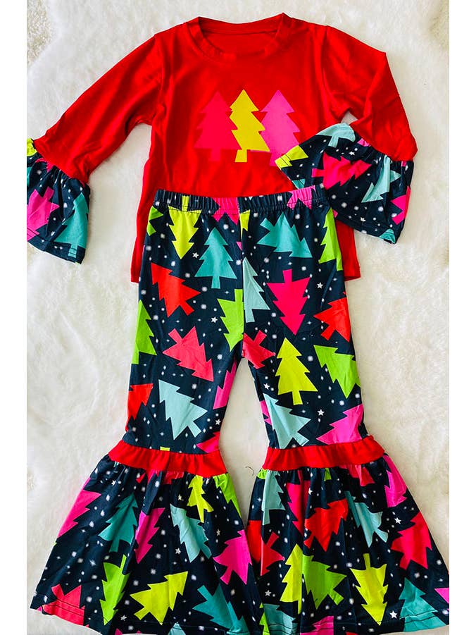 luluclothes - Wholesale Top & Pant Set - Kids - DLH0824-2 Christmas trees prints red top pant girls sets2