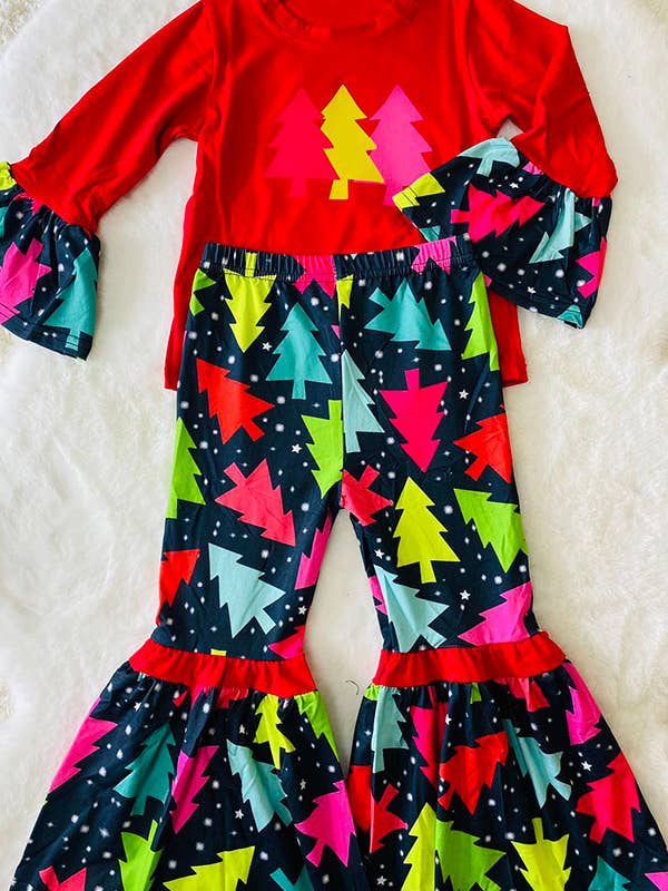 luluclothes - Wholesale Top & Pant Set - Kids - DLH0824-2 Christmas trees prints red top pant girls sets