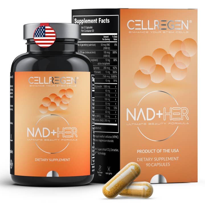NAD+HER™ 90 capsules | Beauté éclatante & pouvoir anti-âge : stimulez NAD+, glutathion, hydratation cutanée et réparation de l’ADN pour la vente par Cellregen