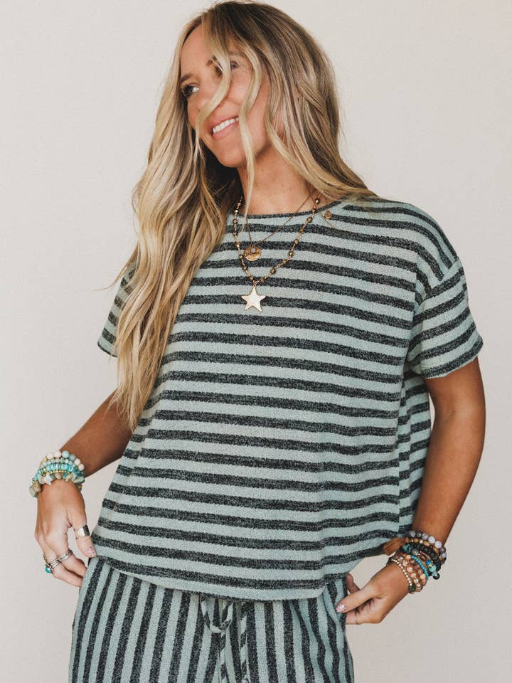Ibiza Breeze Striped Top - Sage Black for wholesale by Three Bird Nest