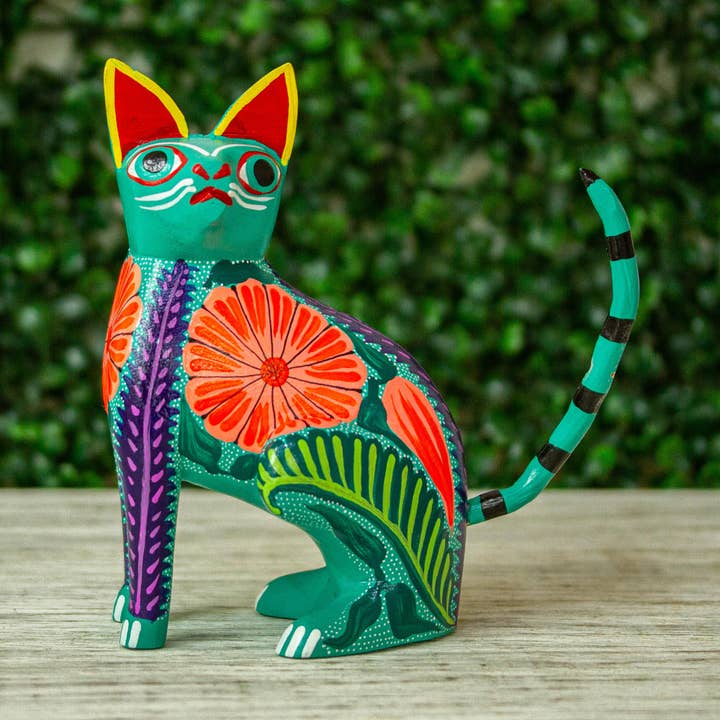 NOVICA - Wholesale Decorative Figurine - Novica Handmade Floral Feline Wood Alebrije Figurine1