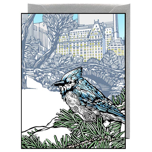 Enveloppe argentée Blue Jay at the Plaza pour la vente par Daniel Joseph Durkin Illustrations
