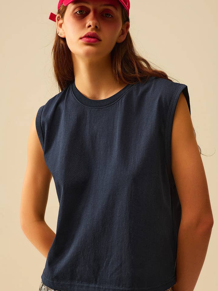 Navy Sleeveless cotton T-shirt for wholesale by Q2—All Orders:Free Duties for the US,UK,and Canada