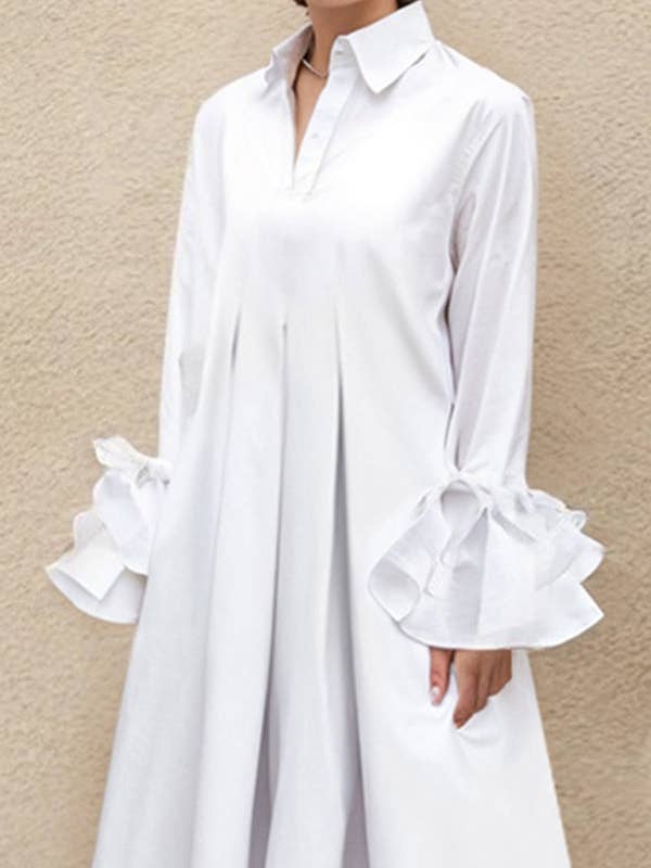 Sheer Trend - Wholesale Dress - Women's - Flared Sleeve Pleated Solid Split Lapel Shirt Dress