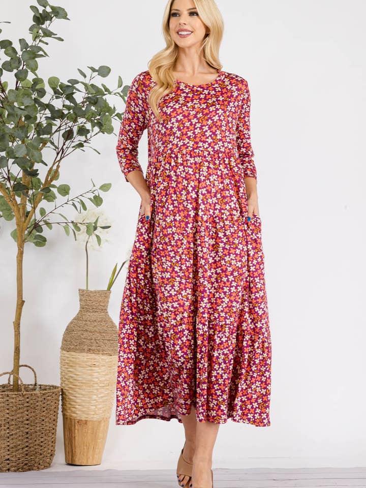MAGENTA FLORAL TIERED MIDI-DRESS MISSY & PLUS SIZE -CD43848E for wholesale on Faire