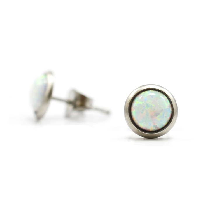 White Lab Opal Stud Earrings, Surgical Steel Hypoallergenic Studs for wholesale by Little Gems Jewels