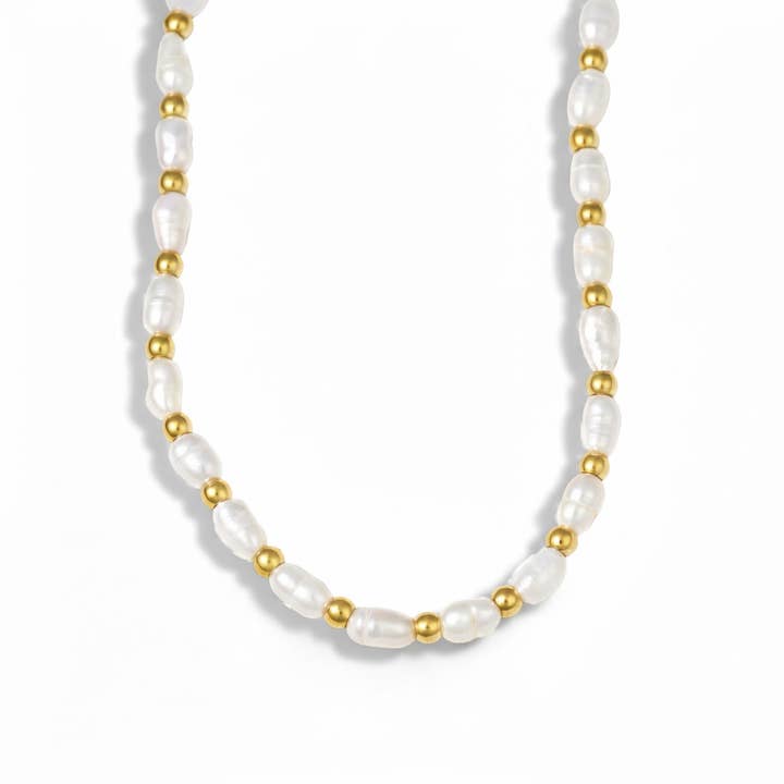Gold Freshwater Pearl Necklace - Gold Beaded Pearl Necklace for wholesale by Blueyejewelry