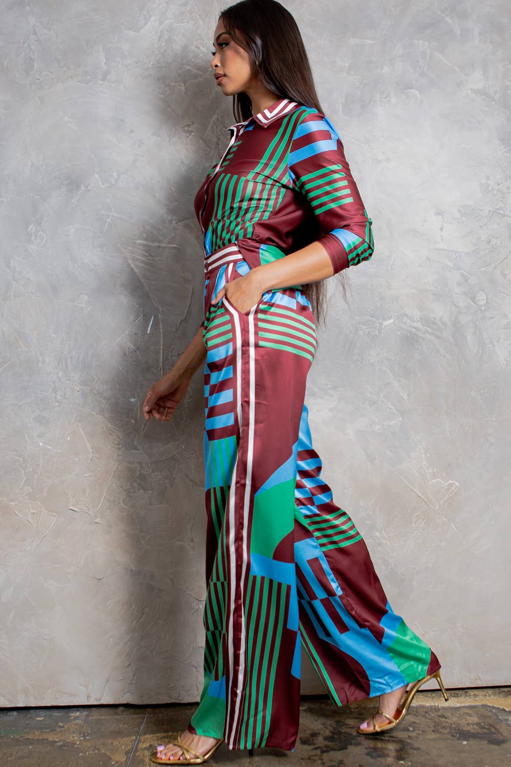 Her Bottari - Wholesale Top & Pant Set (NOT Loungewear) - Women's - BT5833-SET_Button Up Shirt and Wide Pants Set-BROWN2