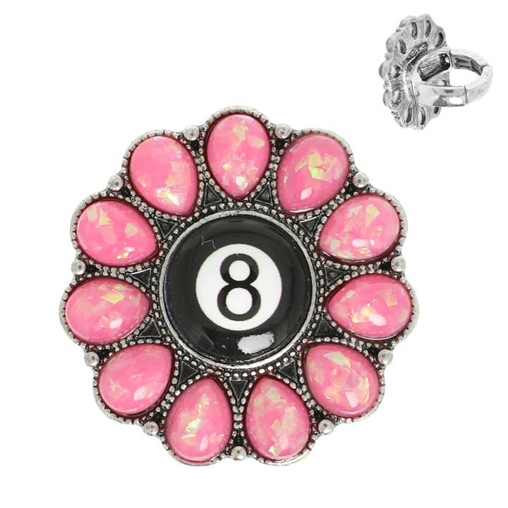 SP Sophia Collection - Wholesale Cocktail/Statement Ring - Western Turquoise Billiard 8 Ball Concho Stretch Ring