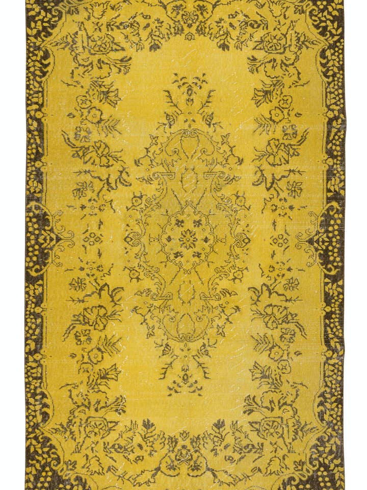 5,5x9,5 Ft opcyklet gult håndlavet tyrkisk tæppe i rumstørrelse for engroshandel hos Rug Specialist LLC.