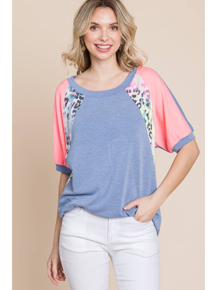 ETK-8752-PL Plus Size Neon Animal Print Contrast Casual Top for wholesale on Faire