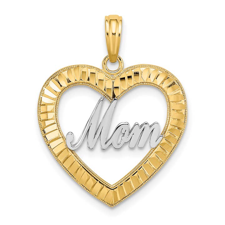 10K W/ Rhodium D/C Heart Frame MOM Charm for wholesale by Sophia Jewelers
