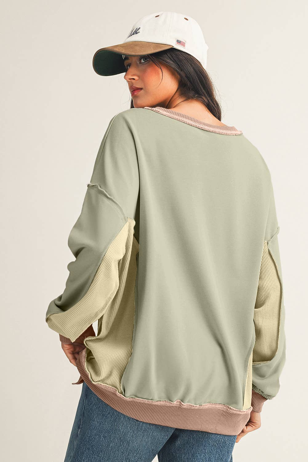 Little Daisy Closet - Wholesale Sweatshirt - Women's - Block Mix Texture Waffle Patchwork Oversize Sweatshirt 5