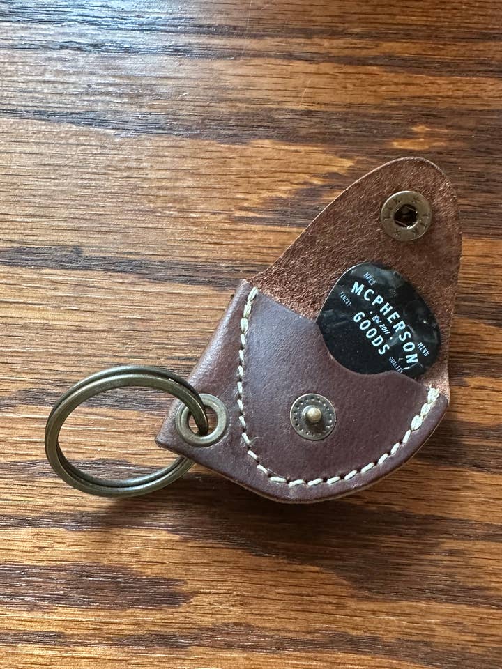 Leather guitar pick keychain for wholesale by McPherson Goods