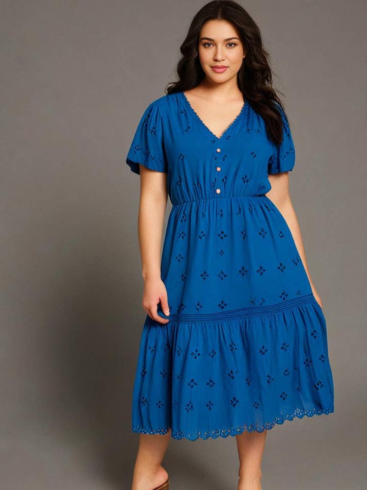 Pomme Rouge Paris - Wholesale Dress - Women's - Plus size dress with eyelet embroidery (C6568-BLUE)