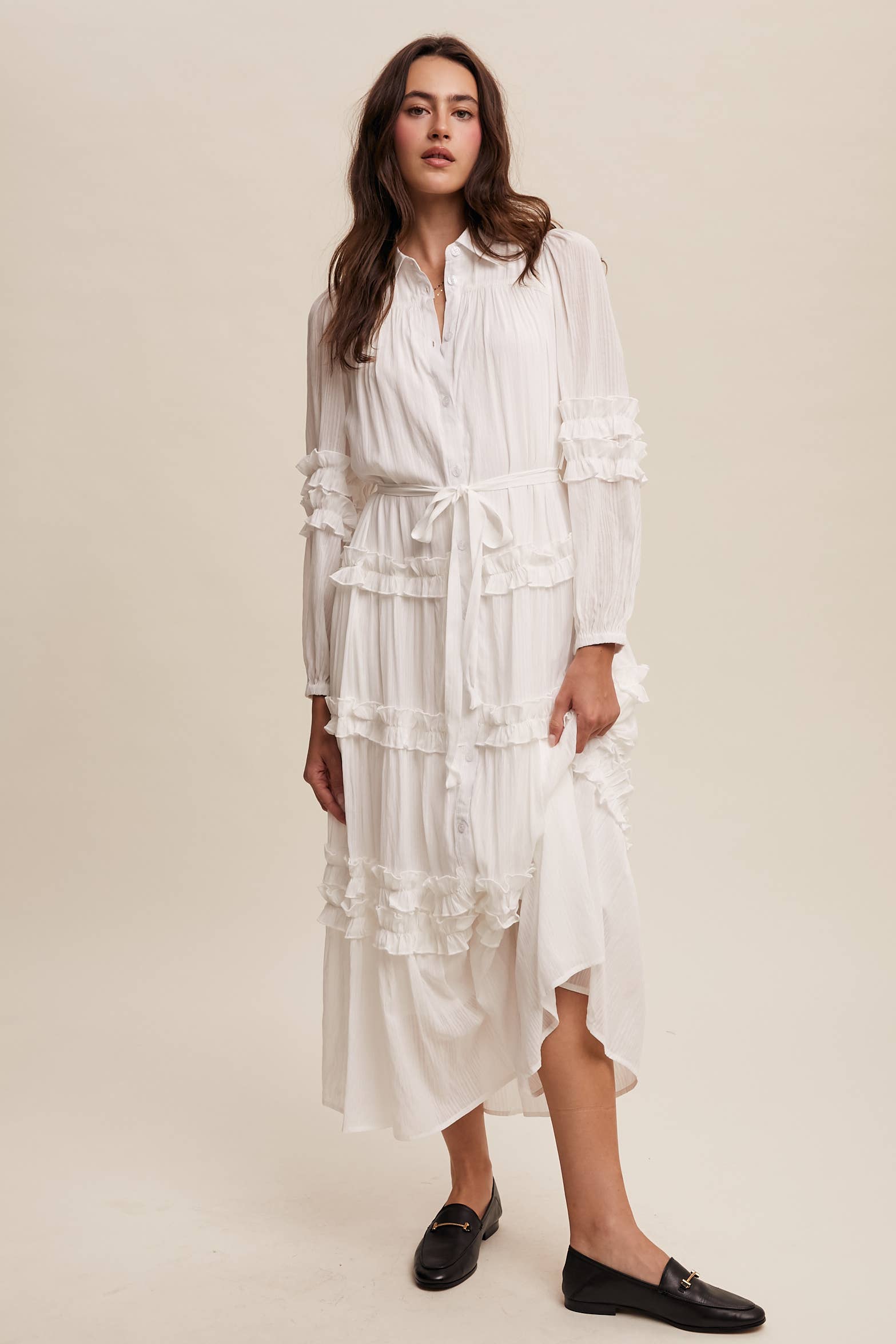 Listicle - Wholesale Dress - Women's - Ruffled Belted Maxi Shirt Dress LD14961