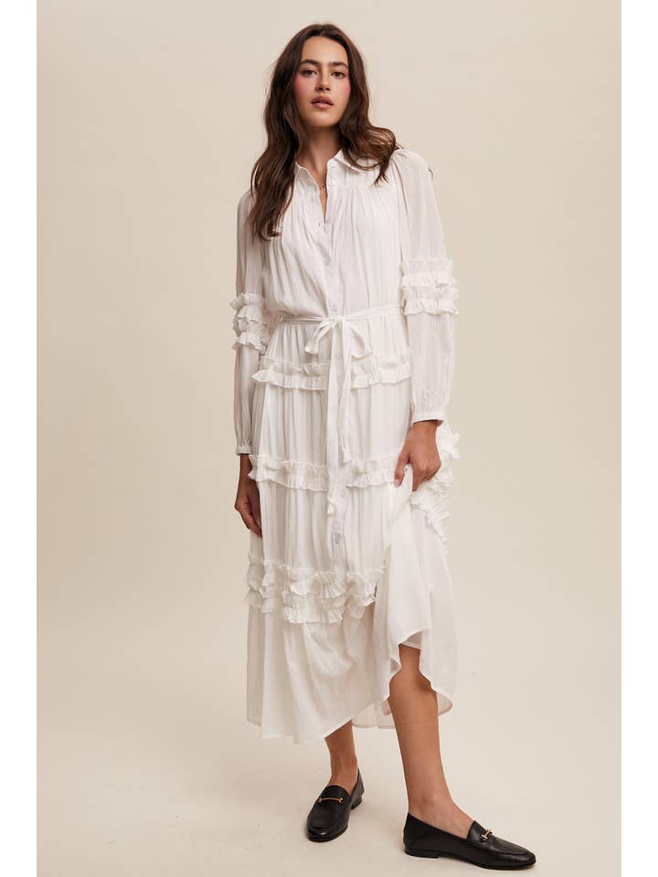 Listicle - Wholesale Dress - Women's - Ruffled Belted Maxi Shirt Dress LD14961