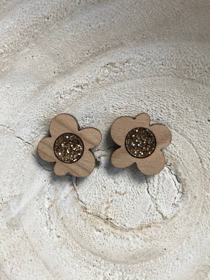Flower Stud Earrings | Cherrywood + Gold Glitter | WHOLESALE for wholesale by Foxie Collective