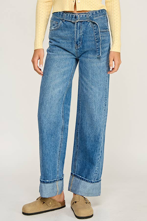 Denim Blue BELTED CUFFED WIDE LEG JEANS for wholesale on Faire2