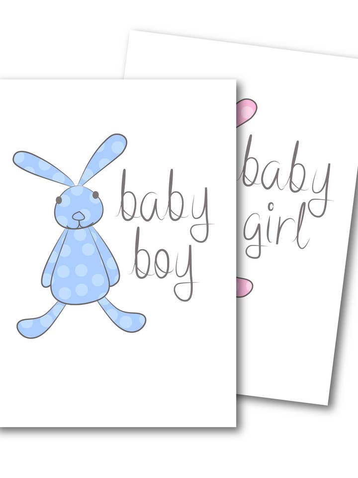New Baby Bunny Birth card, boy /girl pink or blue for wholesale by Leah Roberts Design