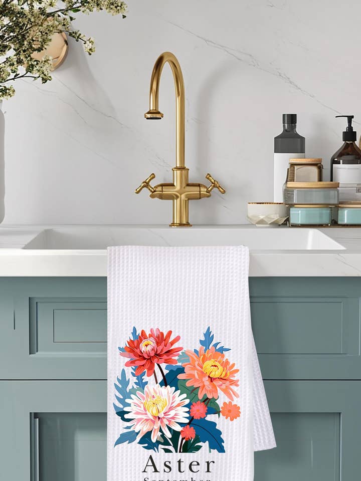 Personalized Birth Flower Kitchen Towel Custom Gift for wholesale by Saints Place Designs