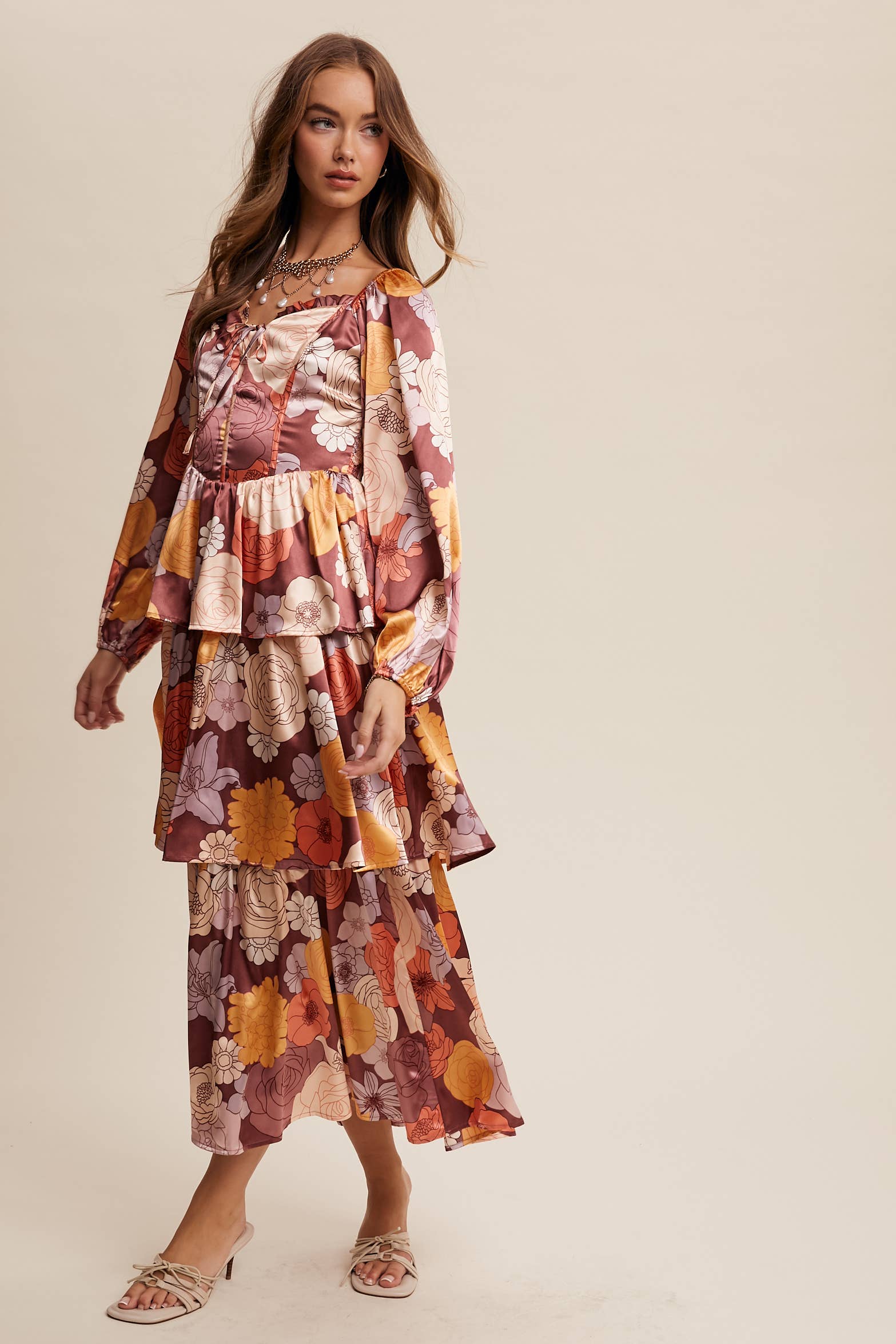 Listicle - Wholesale Dress - Women's - Floral Lace-Up Tiered Maxi Dress LD144814