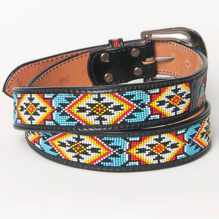 LS Western - Wholesale Belt – Women's - LC-ADBLF147 Black Beaded Western Belt - Geometric Pattern & Tooled Feather Detail2