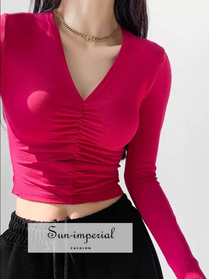 Women Long Sleeve Solid Casual v Neck Ruched Cropped Tee for wholesale by Sun Imperial