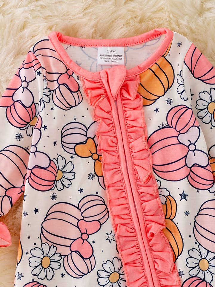 Kids Charm Online - Wholesale Jumpsuit - Baby - 🍁RPG40561 AMY: CHARACTER PRINTED PUMPKIN ONESIE WITH RUFFLE