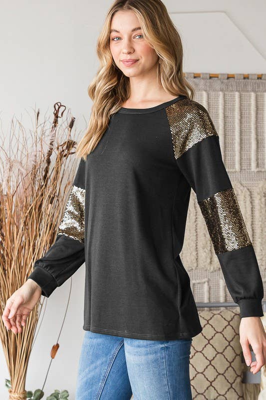 HEIMISH - Wholesale Tunic - Women's - ET6842-10 PUFF SLEEVE SOLID AND SEQUINS TOP0