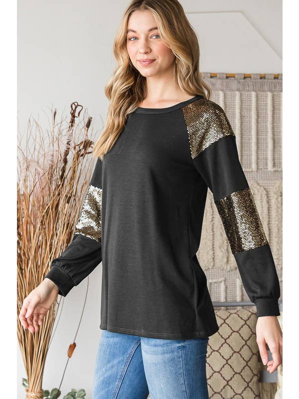 HEIMISH - Wholesale Tunic - Women's - ET6842-10 PUFF SLEEVE SOLID AND SEQUINS TOP