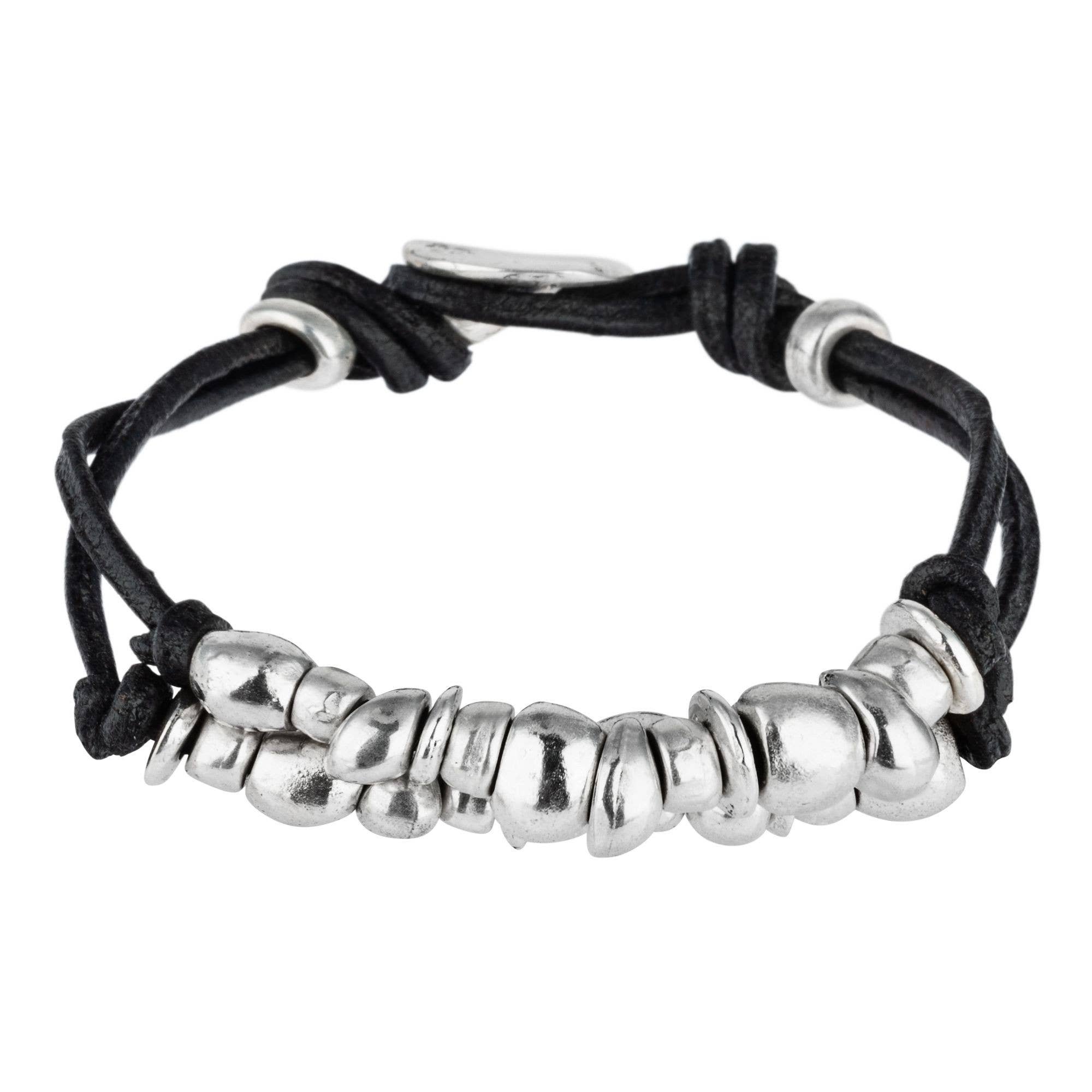 Gloria Mago - Vente Bracelet tissé/tressé - Bracelet double en cuir plaqué argent noir0