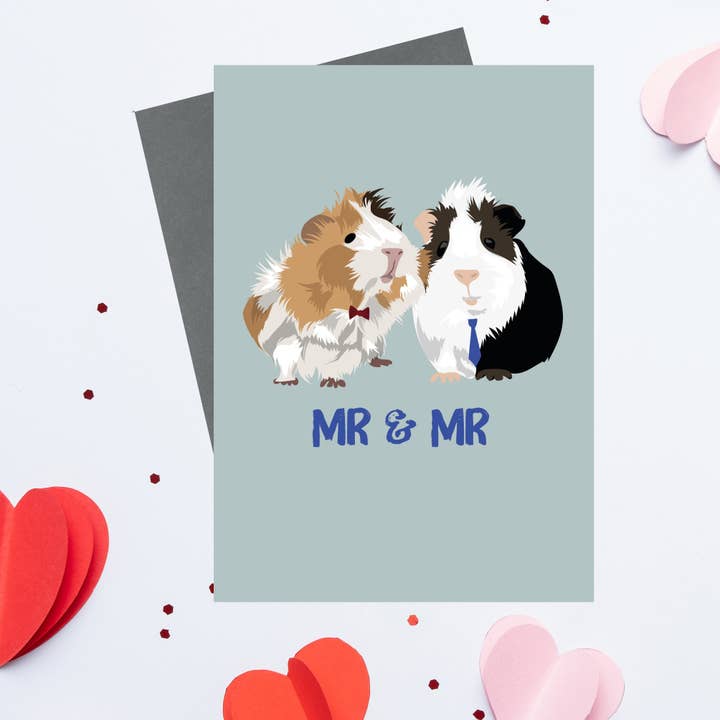 Mr. and Mr Meerschweinchen, gleichgeschlechtlich, LGBTQ+ Hochzeitsgrußkarte für den Großhandel von Lorna Syson