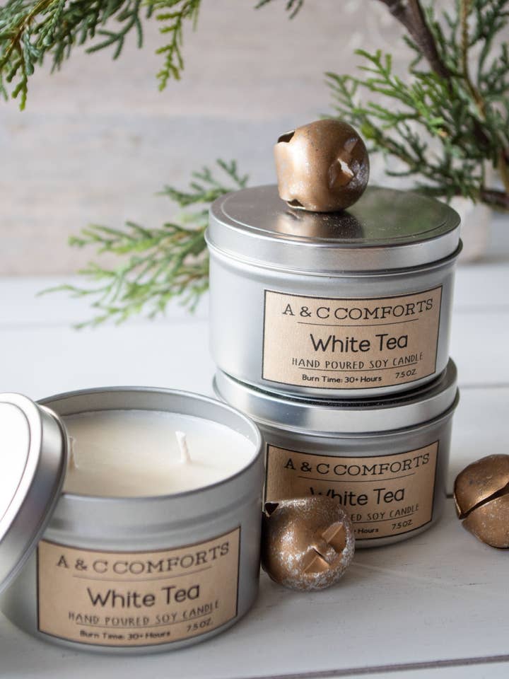 White Tea Candle | Cotton Wick | Soy Wax | 7.5 oz for wholesale by A & C Comforts