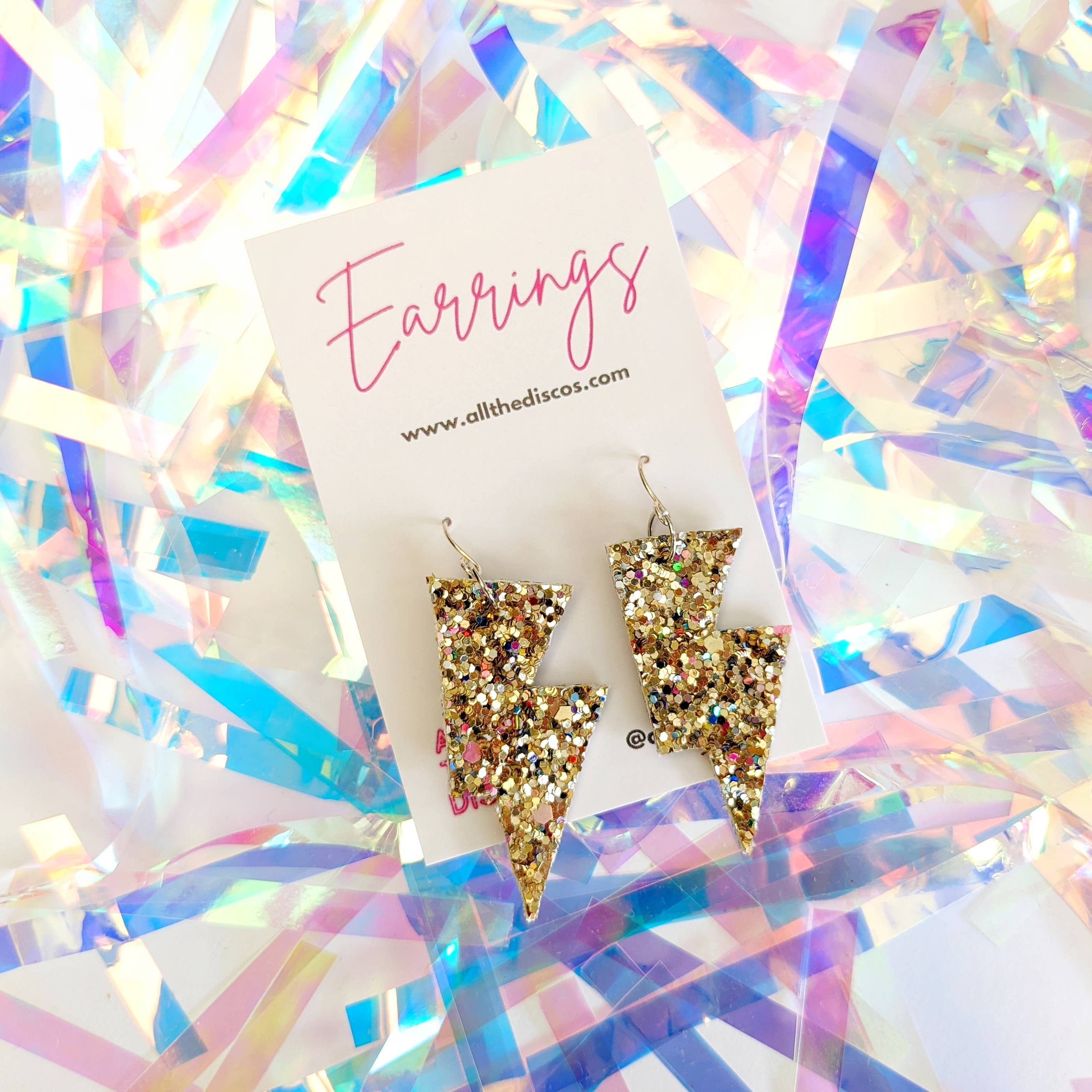 All The Discos - Vente Boucles d'oreilles pendantes - Petites boucles d'oreilles en forme d'éclair à paillettes en or concassé1