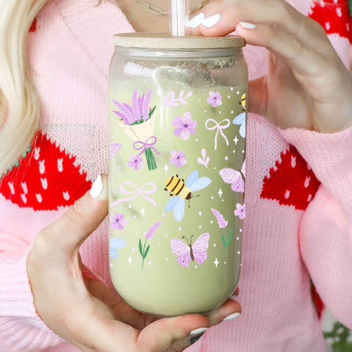 Lavender Floral Bee Glass Cup for wholesale by Glitter Paper Scissors