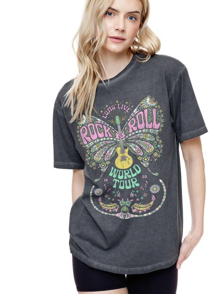 Rock N Roll Butterfly Graphic S/S Lunar Dye Tee for wholesale by Foryeri